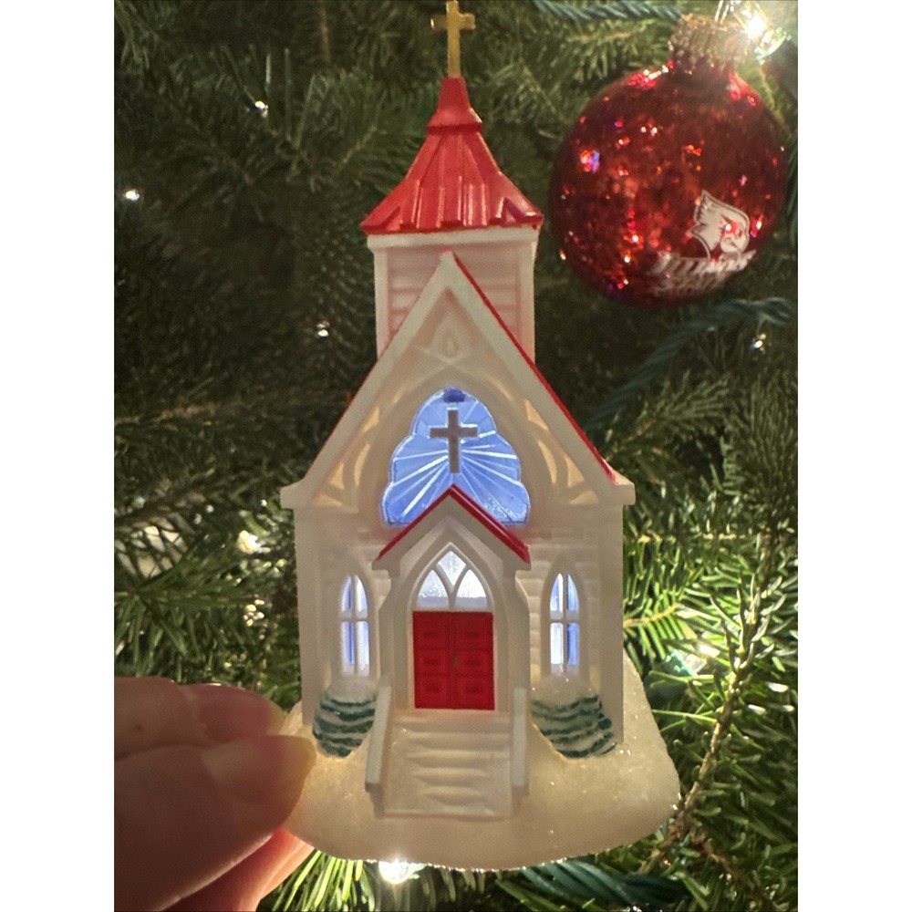 Hallmark Candlelight Service Church Ornament Magic Light Red Roof 2017